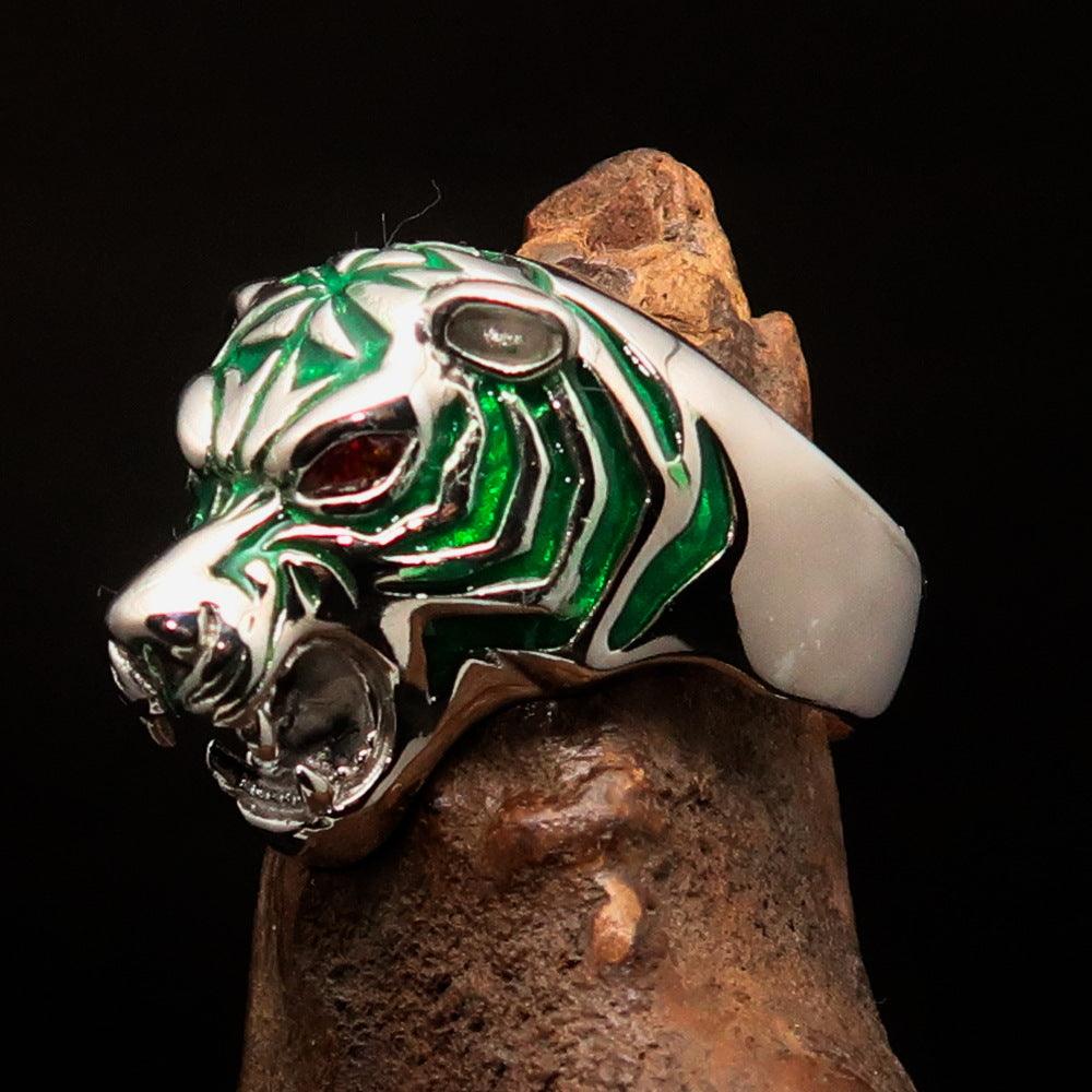 Men's Predator Ring featuring a tiger design with red CZ eyes and green stripes, crafted from Sterling Silver.