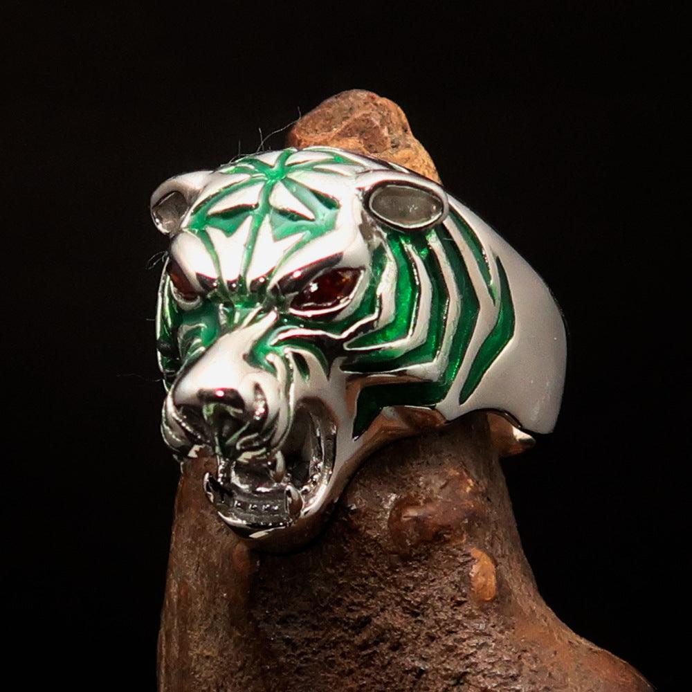 Men's Predator Ring featuring a tiger design with red CZ eyes and green stripes, crafted from Sterling Silver.