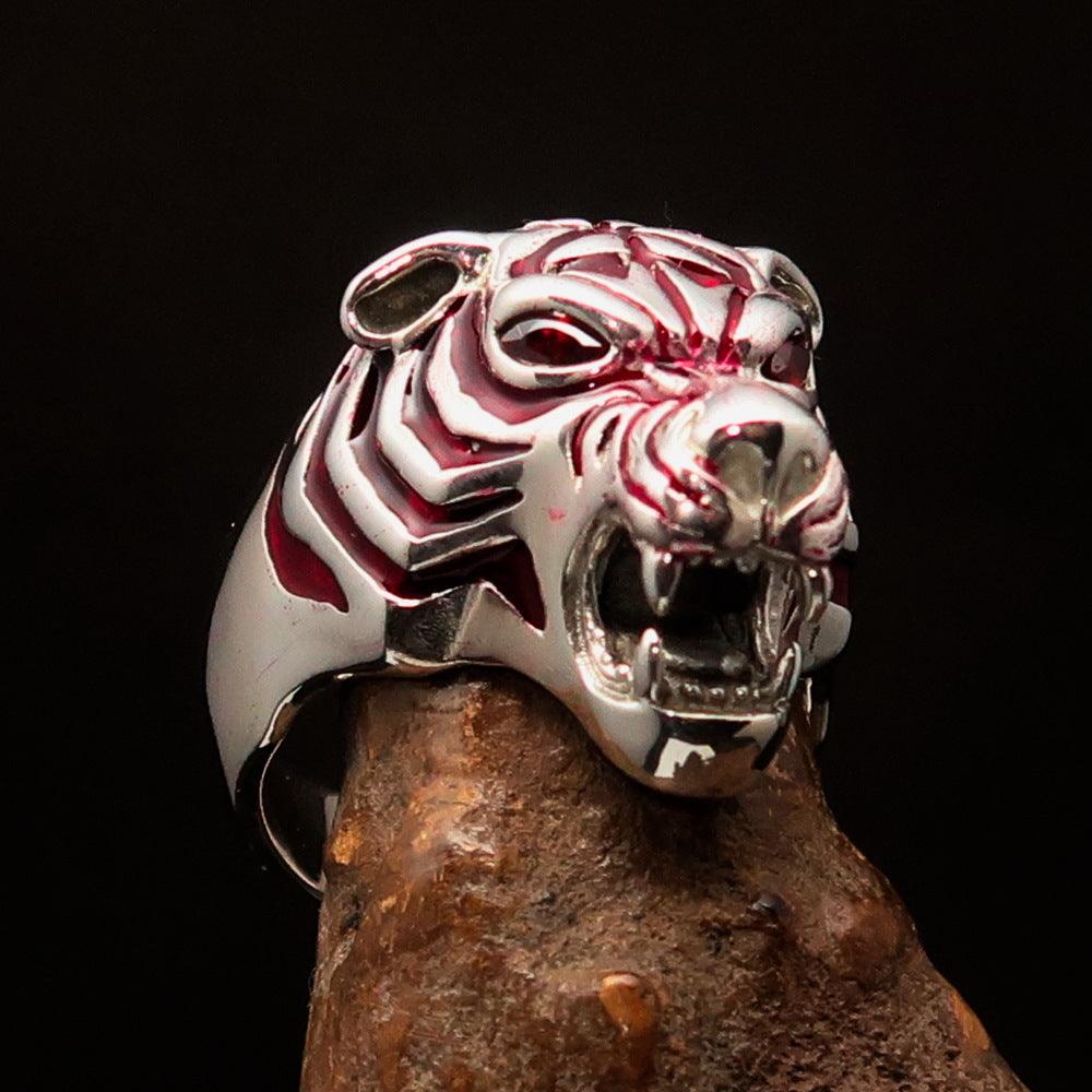 Men's Predator Ring featuring a fierce tiger design with red CZ eyes and stripes, crafted from solid sterling silver.