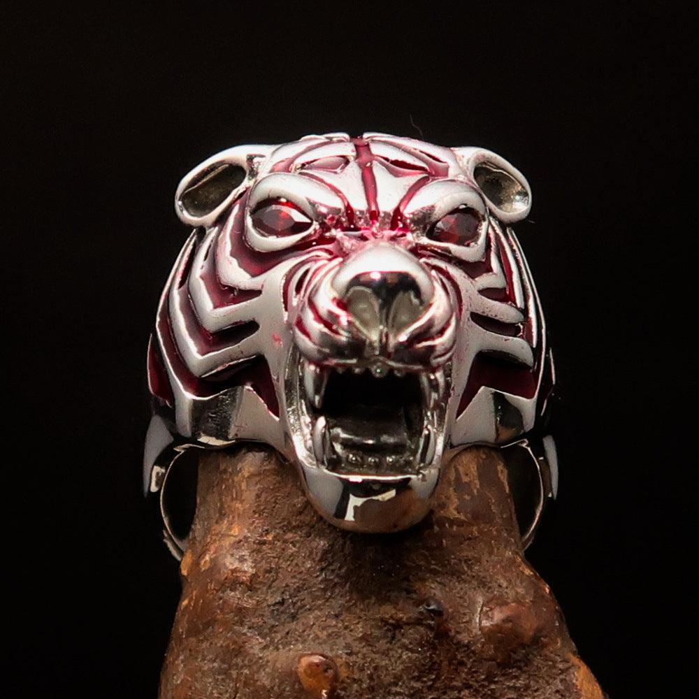 Men's Predator Ring featuring a fierce tiger design with red CZ eyes and stripes, crafted from solid sterling silver.