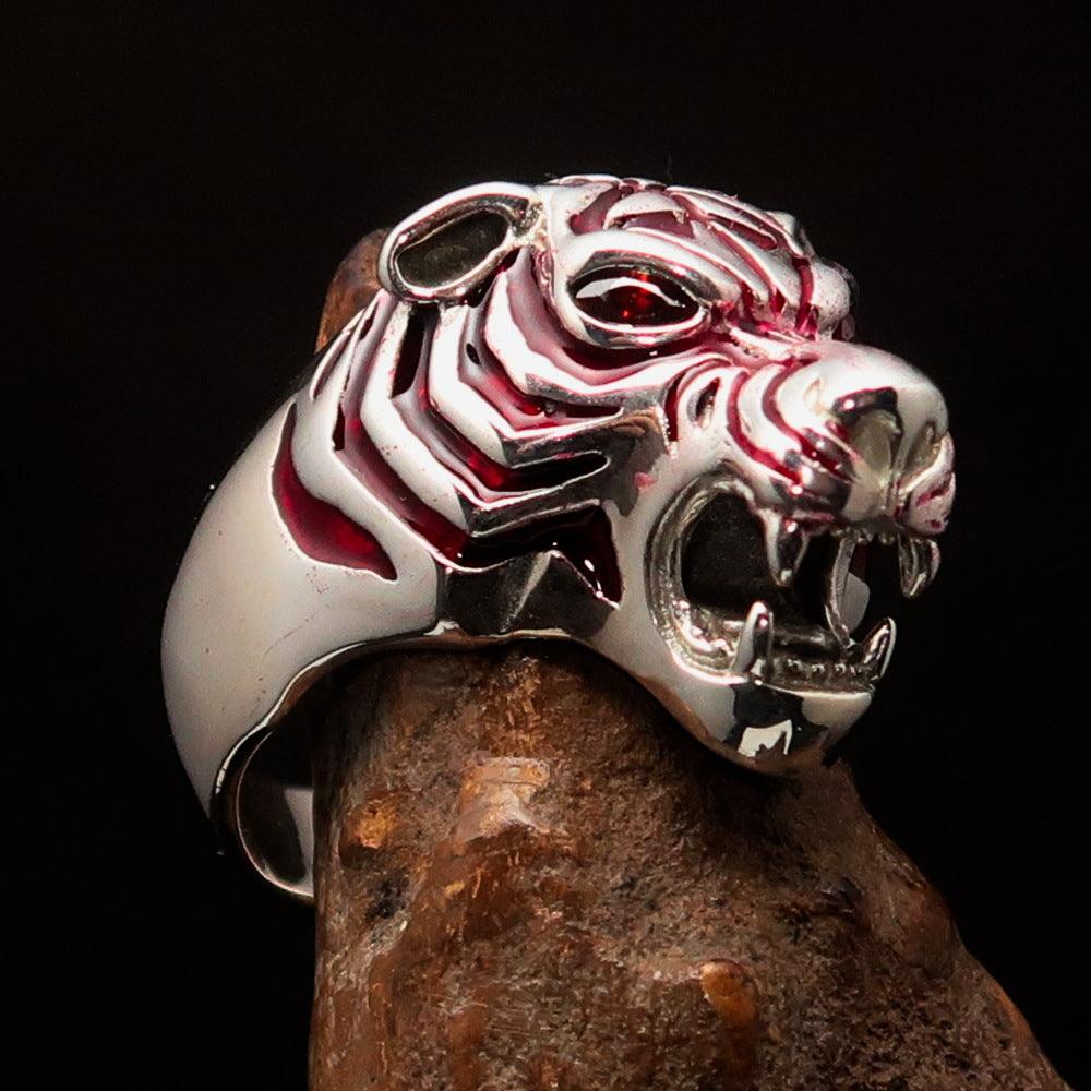 Men's Predator Ring featuring a fierce tiger design with red CZ eyes and stripes, crafted from solid sterling silver.