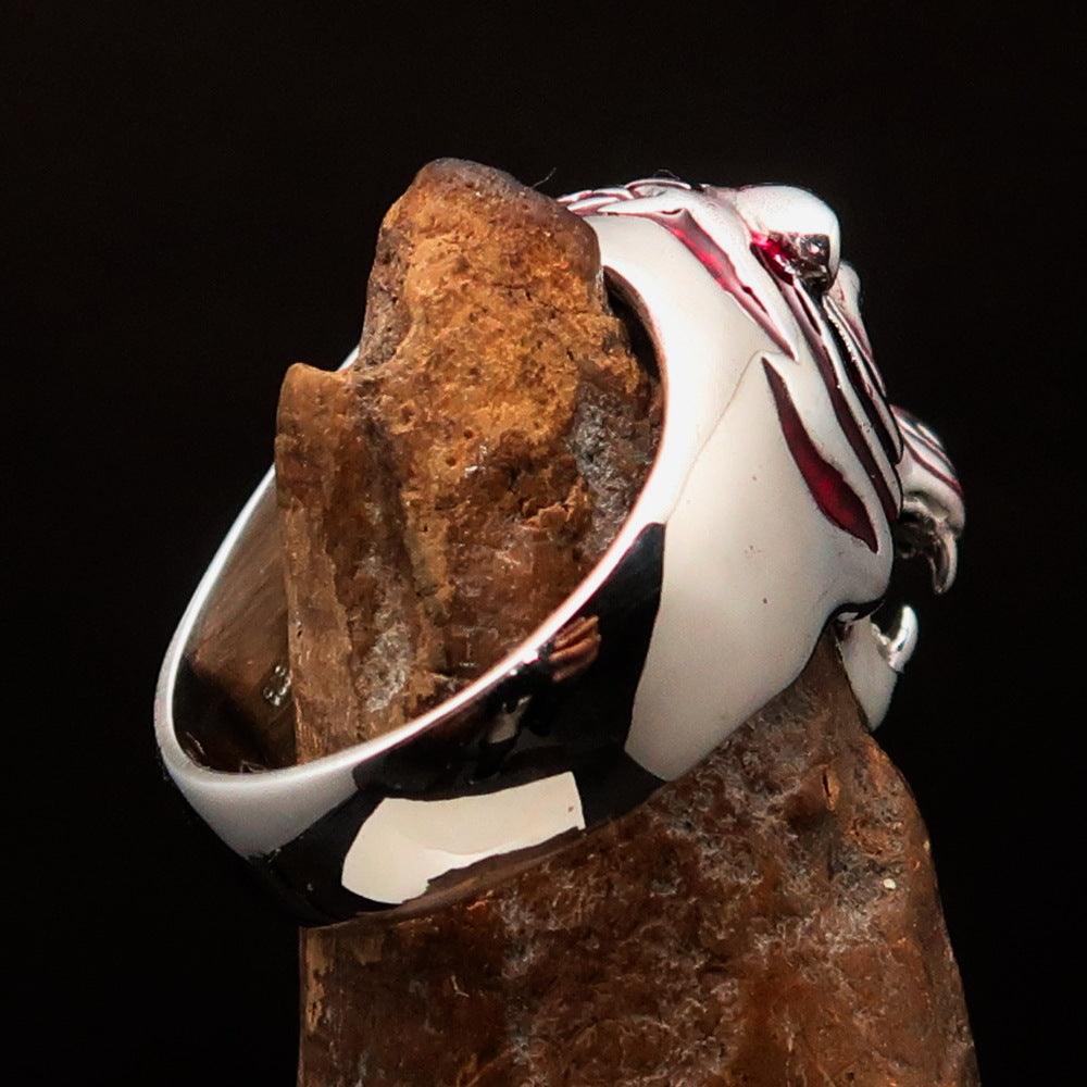 Men's Predator Ring featuring a fierce tiger design with red CZ eyes and stripes, crafted from solid sterling silver.