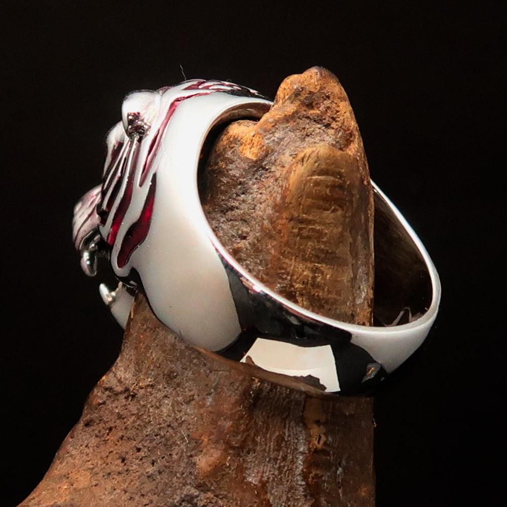 Men's Predator Ring featuring a fierce tiger design with red CZ eyes and stripes, crafted from solid sterling silver.