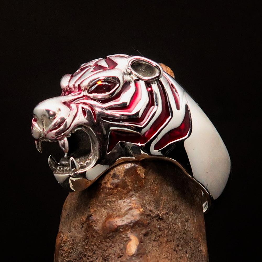 Men's Predator Ring featuring a fierce tiger design with red CZ eyes and stripes, crafted from solid sterling silver.