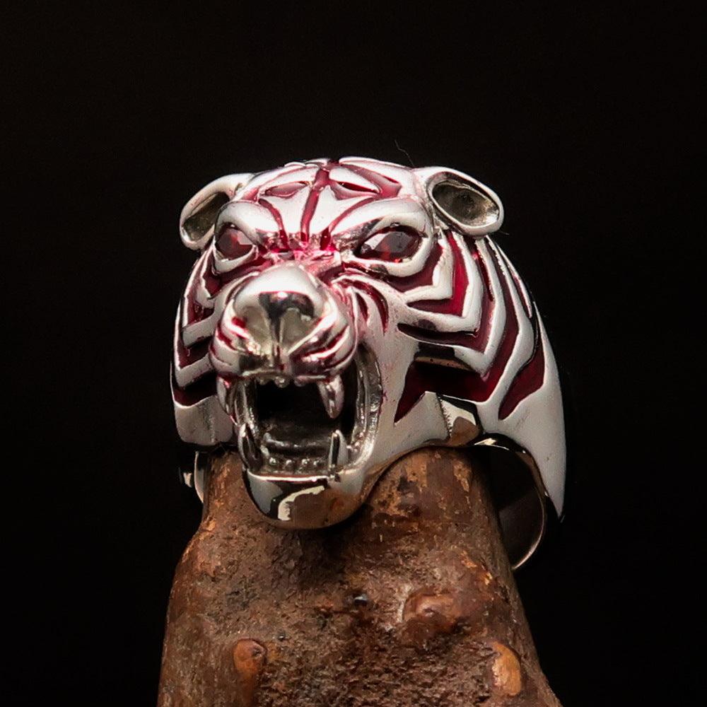 Men's Predator Ring featuring a fierce tiger design with red CZ eyes and stripes, crafted from solid sterling silver.