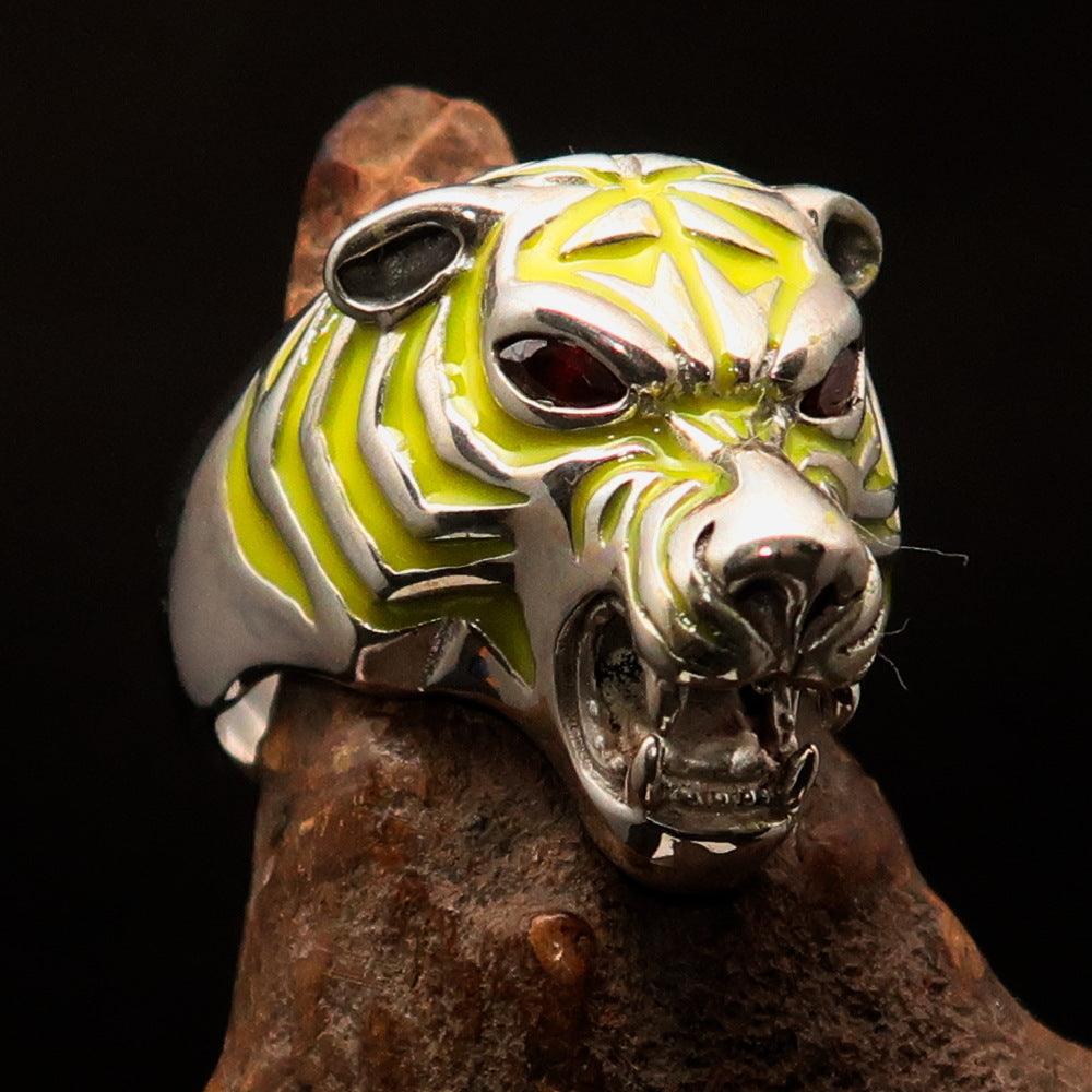 Men's Predator Ring featuring a tiger design with red cubic zirconia eyes and yellow enamel stripes, crafted from solid Sterling Silver.