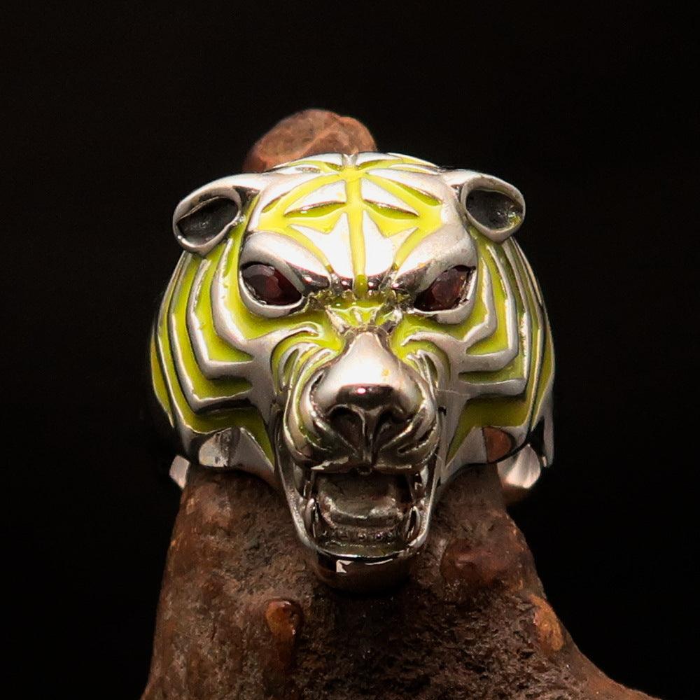 Men's Predator Ring featuring a tiger design with red cubic zirconia eyes and yellow enamel stripes, crafted from solid Sterling Silver.