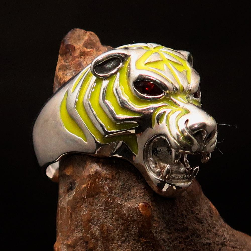 Men's Predator Ring featuring a tiger design with red cubic zirconia eyes and yellow enamel stripes, crafted from solid Sterling Silver.