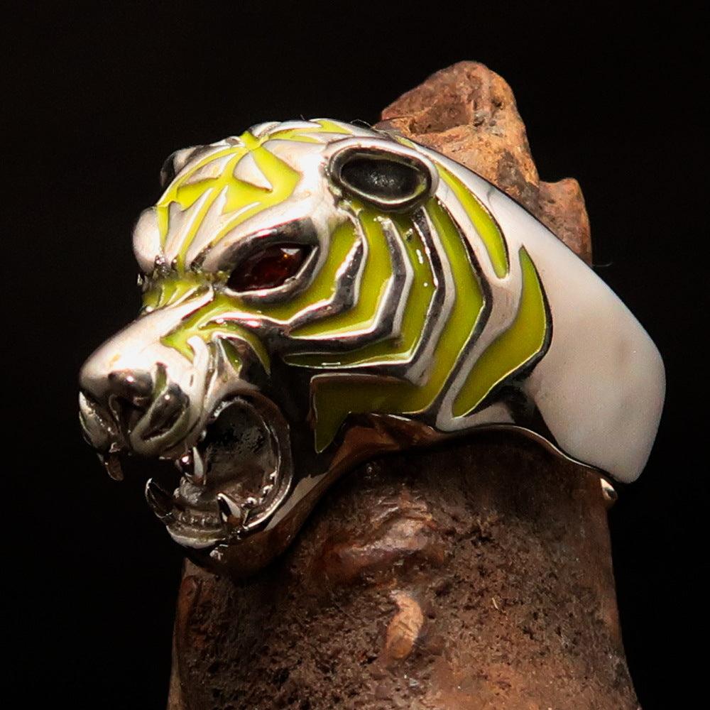 Men's Predator Ring featuring a tiger design with red cubic zirconia eyes and yellow enamel stripes, crafted from solid Sterling Silver.