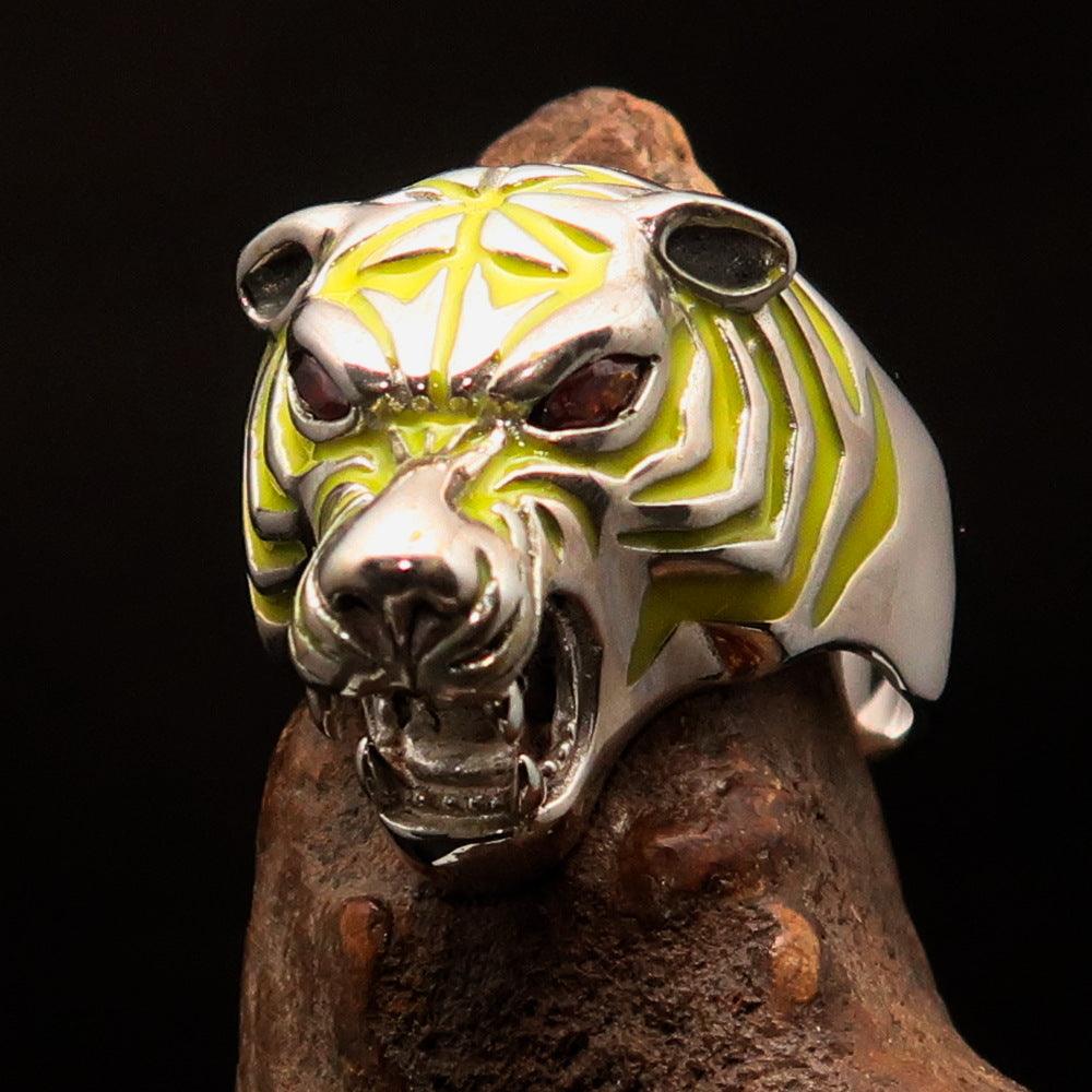 Men's Predator Ring featuring a tiger design with red cubic zirconia eyes and yellow enamel stripes, crafted from solid Sterling Silver.