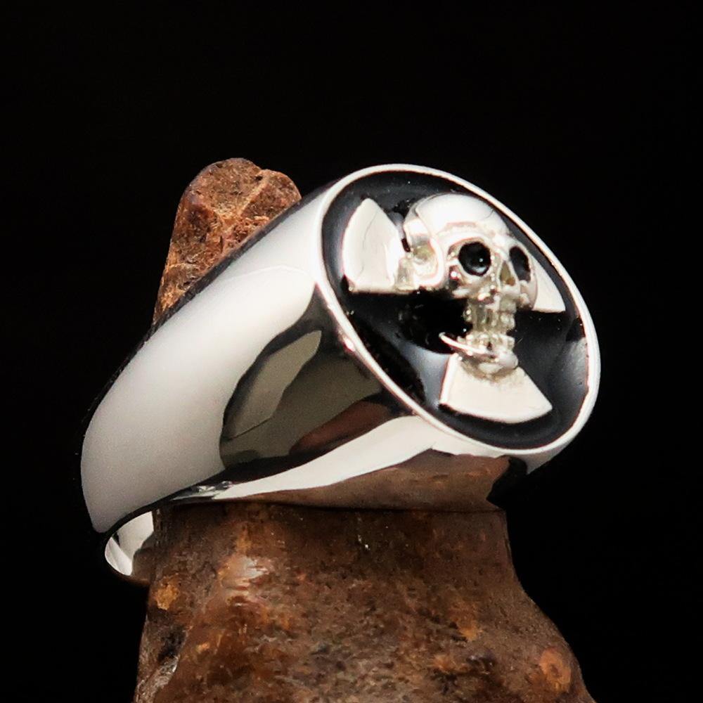 Men's Radioactive Skull Ring in black enamel and sterling silver, featuring a polished finish and intricate skull design.