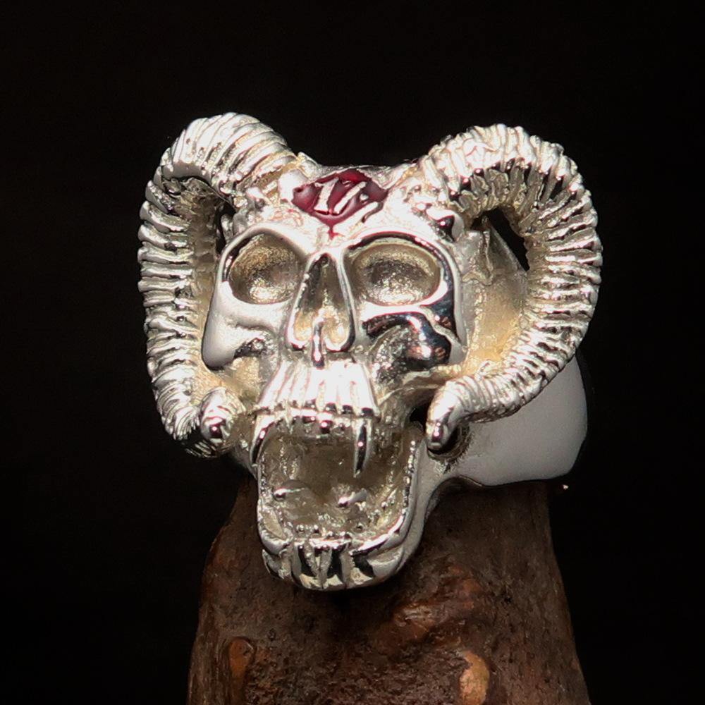 Men's red 1% Ram Skull Outlaw Ring made of sterling silver with red enamel finish, showcasing intricate details and polished surface.