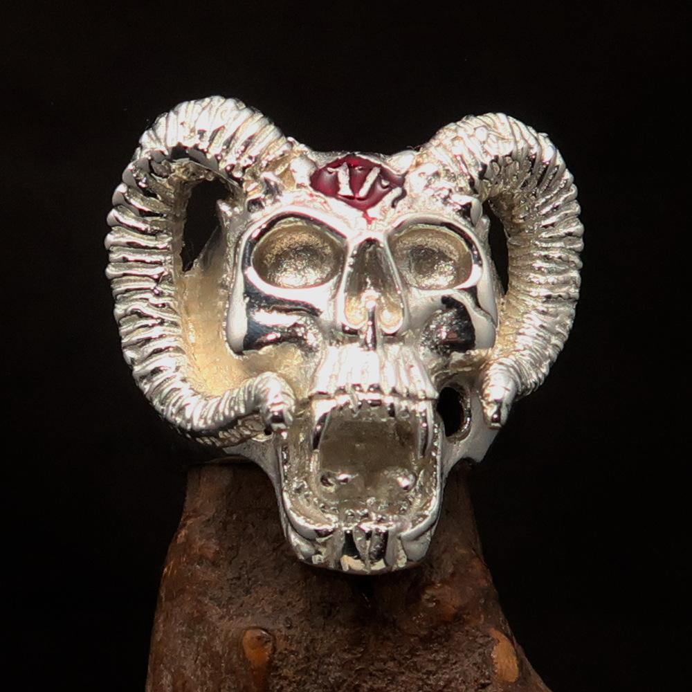 Men's red 1% Ram Skull Outlaw Ring made of sterling silver with red enamel finish, showcasing intricate details and polished surface.