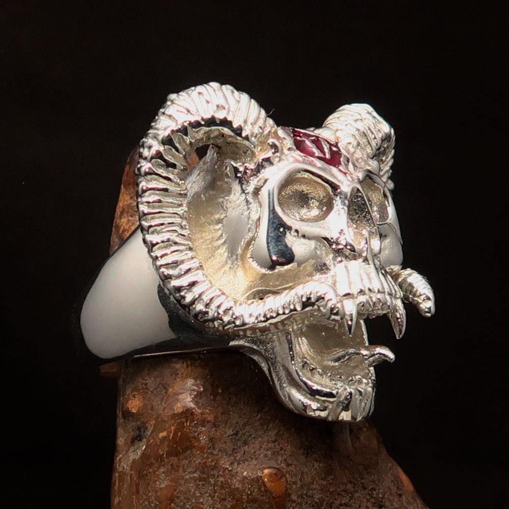 Men's red 1% Ram Skull Outlaw Ring made of sterling silver with red enamel finish, showcasing intricate details and polished surface.