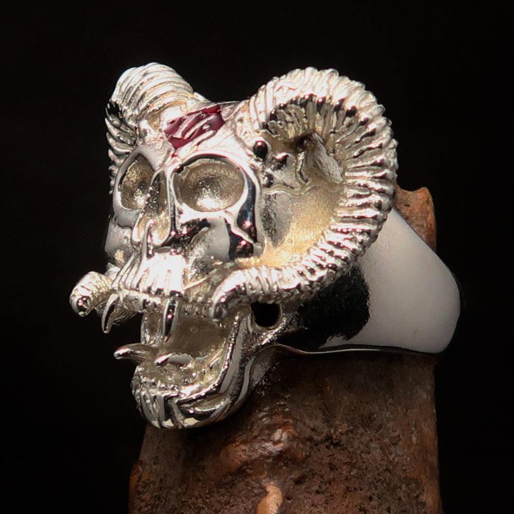 Men's red 1% Ram Skull Outlaw Ring made of sterling silver with red enamel finish, showcasing intricate details and polished surface.