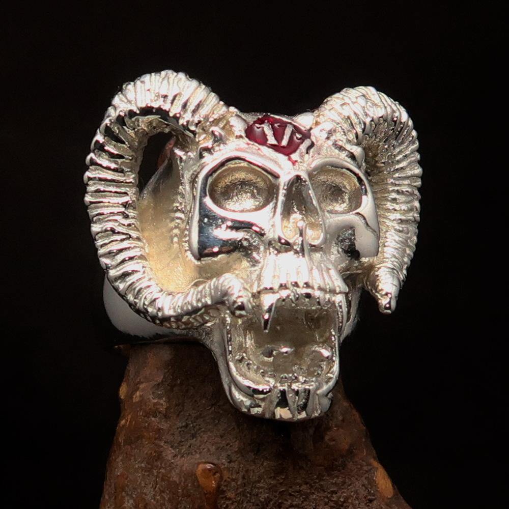 Men's red 1% Ram Skull Outlaw Ring made of sterling silver with red enamel finish, showcasing intricate details and polished surface.