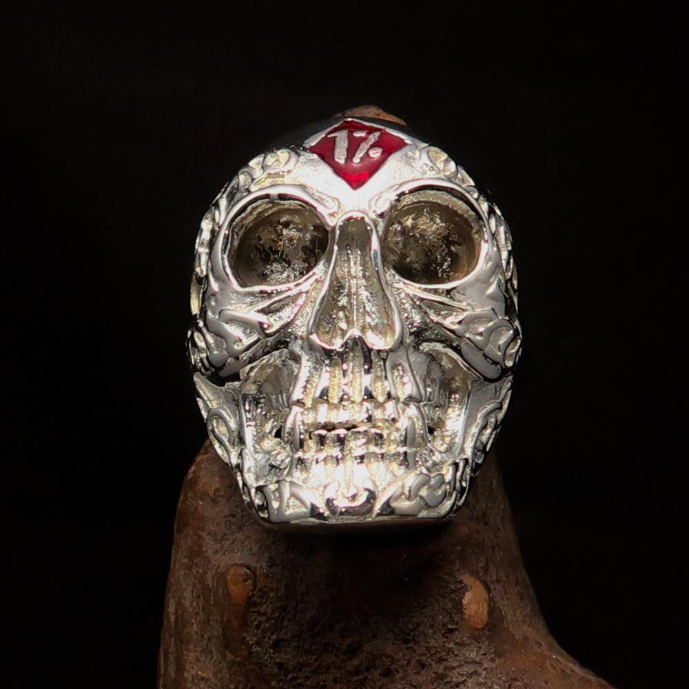 Men's red 1% Runes Skull Outlaw Ring made of solid sterling silver with red enamel detailing, showcasing a polished finish.