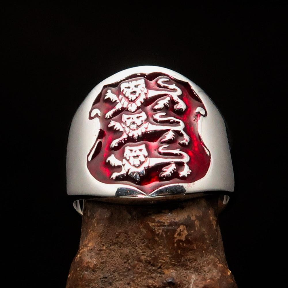 Men's red 3 Lions Coat of Arms Ring in Sterling Silver with bold red enamel design, showcasing craftsmanship and elegance.