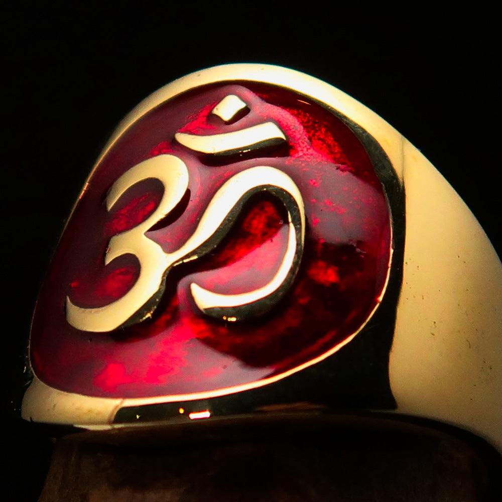 Men's red Aum Buddhist pinky ring made of solid brass with a high-polished enamel finish, showcasing intricate details of the Aum symbol.