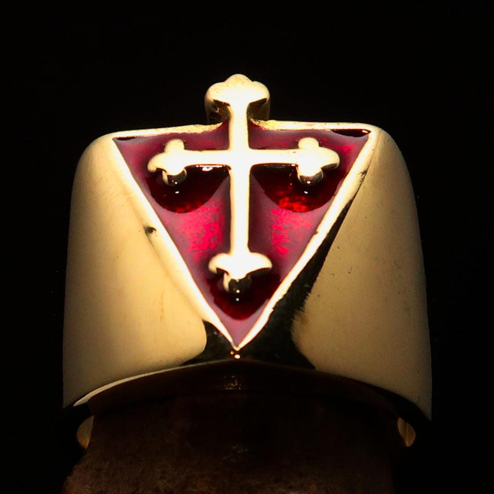 Men's red Coptic Rose Cross Ring made of solid brass with high polish finish and red enamel detailing.