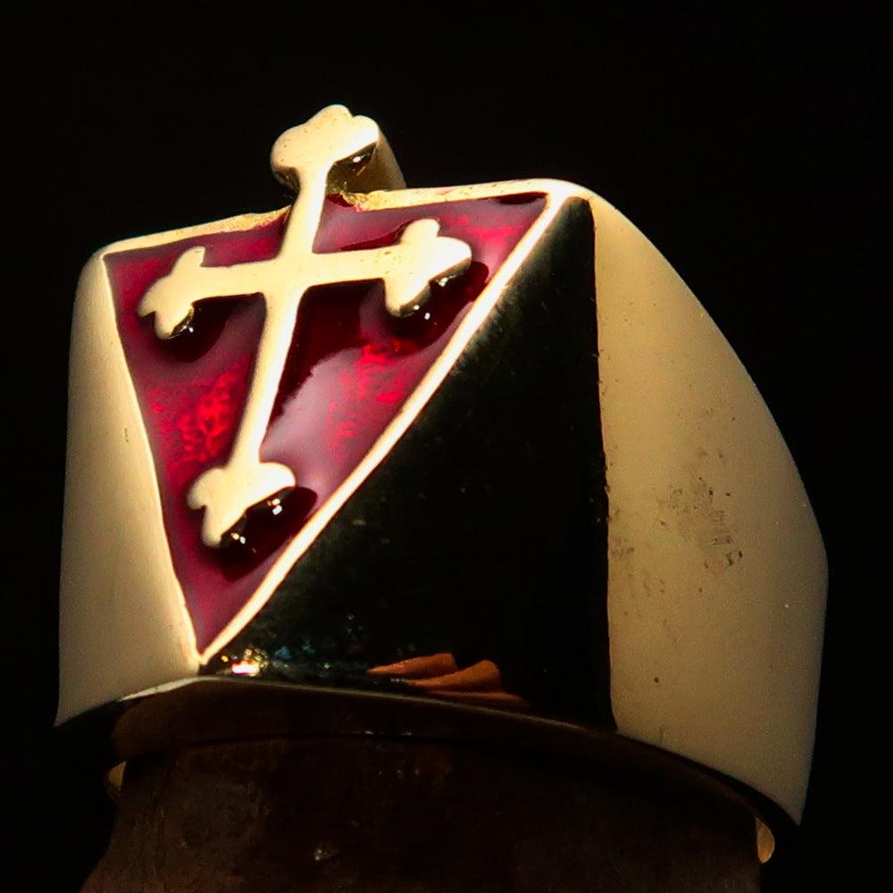 Men's red Coptic Rose Cross Ring made of solid brass with high polish finish and red enamel detailing.