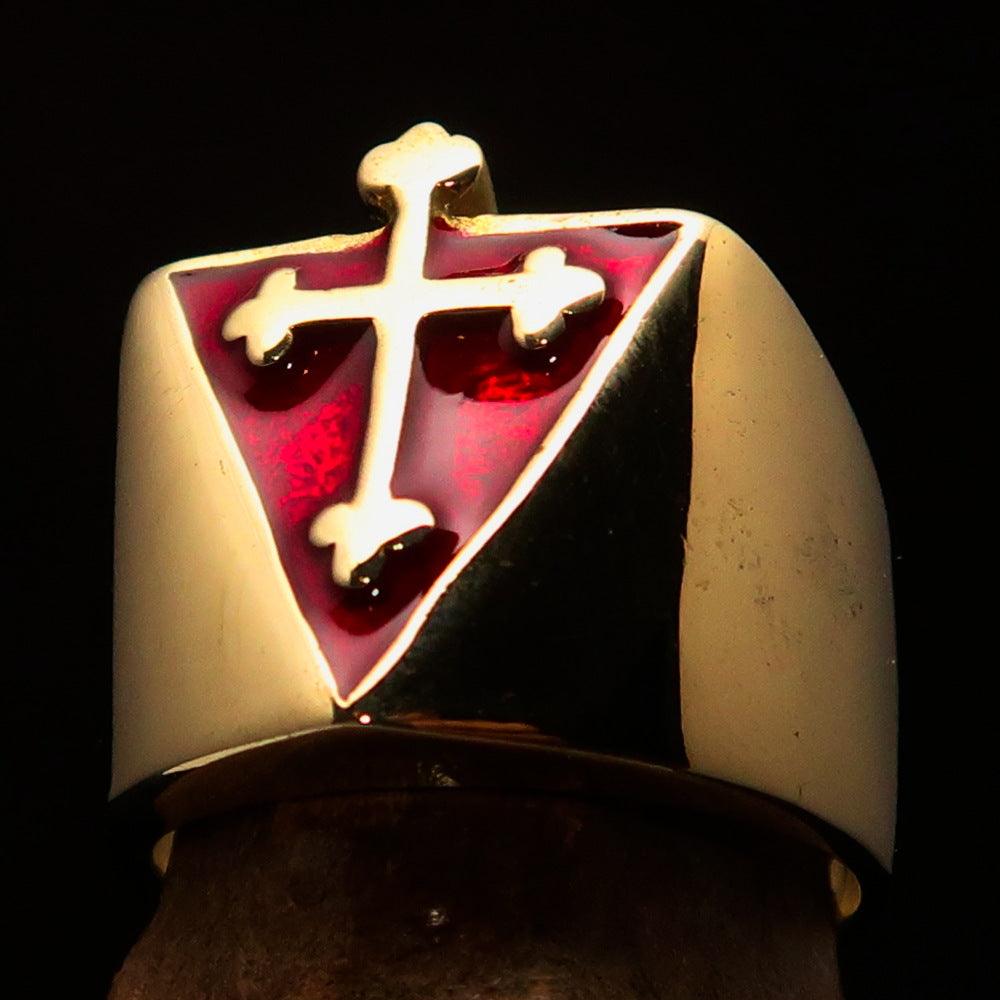 Men's red Coptic Rose Cross Ring made of solid brass with high polish finish and red enamel detailing.