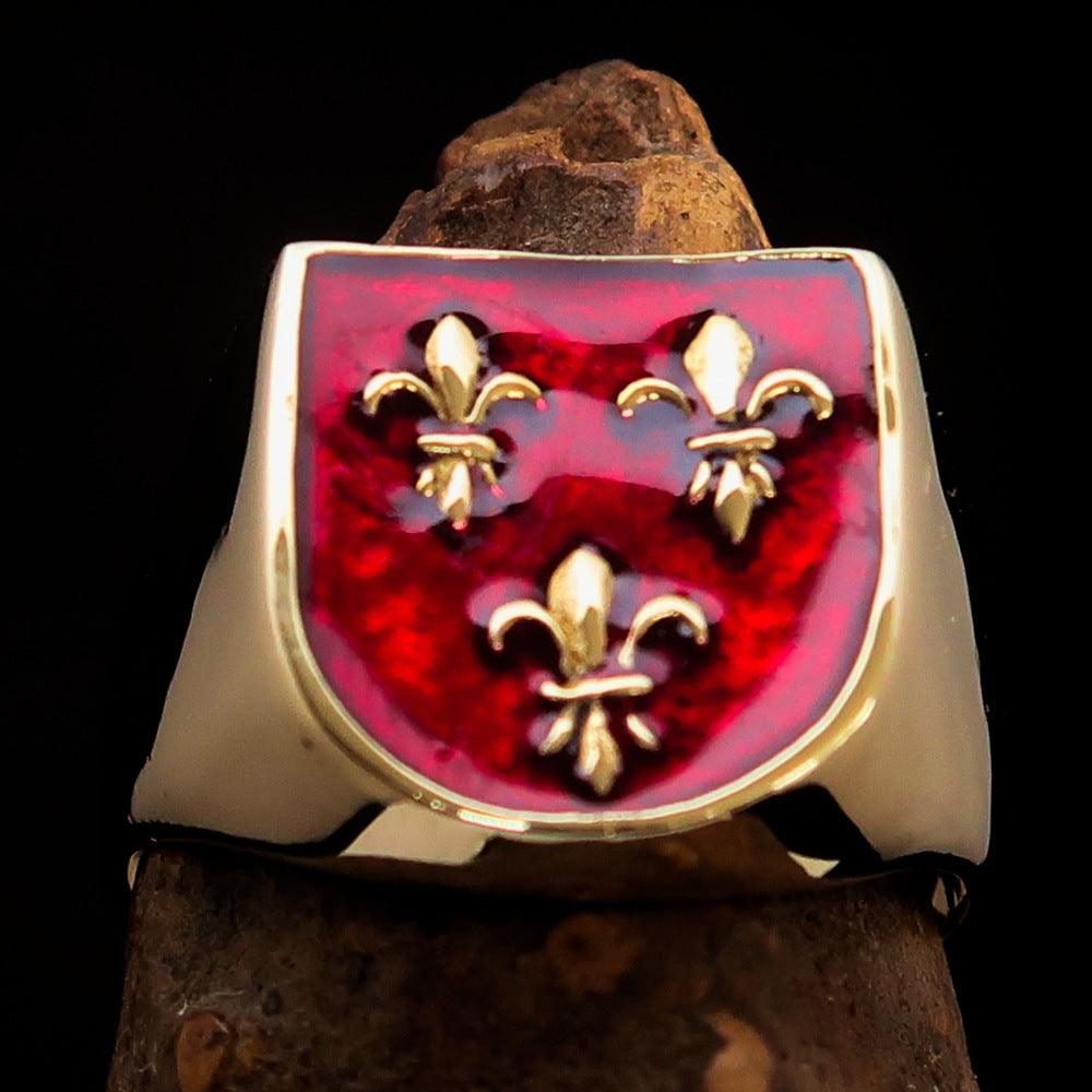 Men's red Fleur de Lis Coat of Arms Ring made of solid brass with high polish and enamel finish, showcasing intricate design.