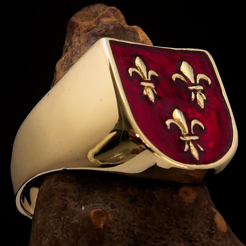 Men's red Fleur de Lis Coat of Arms Ring made of solid brass with high polish and enamel finish, showcasing intricate design.