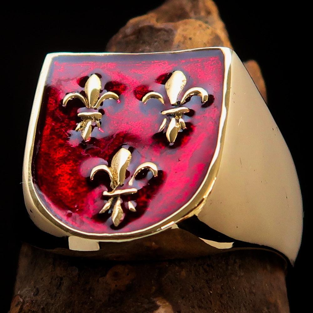 Men's red Fleur de Lis Coat of Arms Ring made of solid brass with high polish and enamel finish, showcasing intricate design.