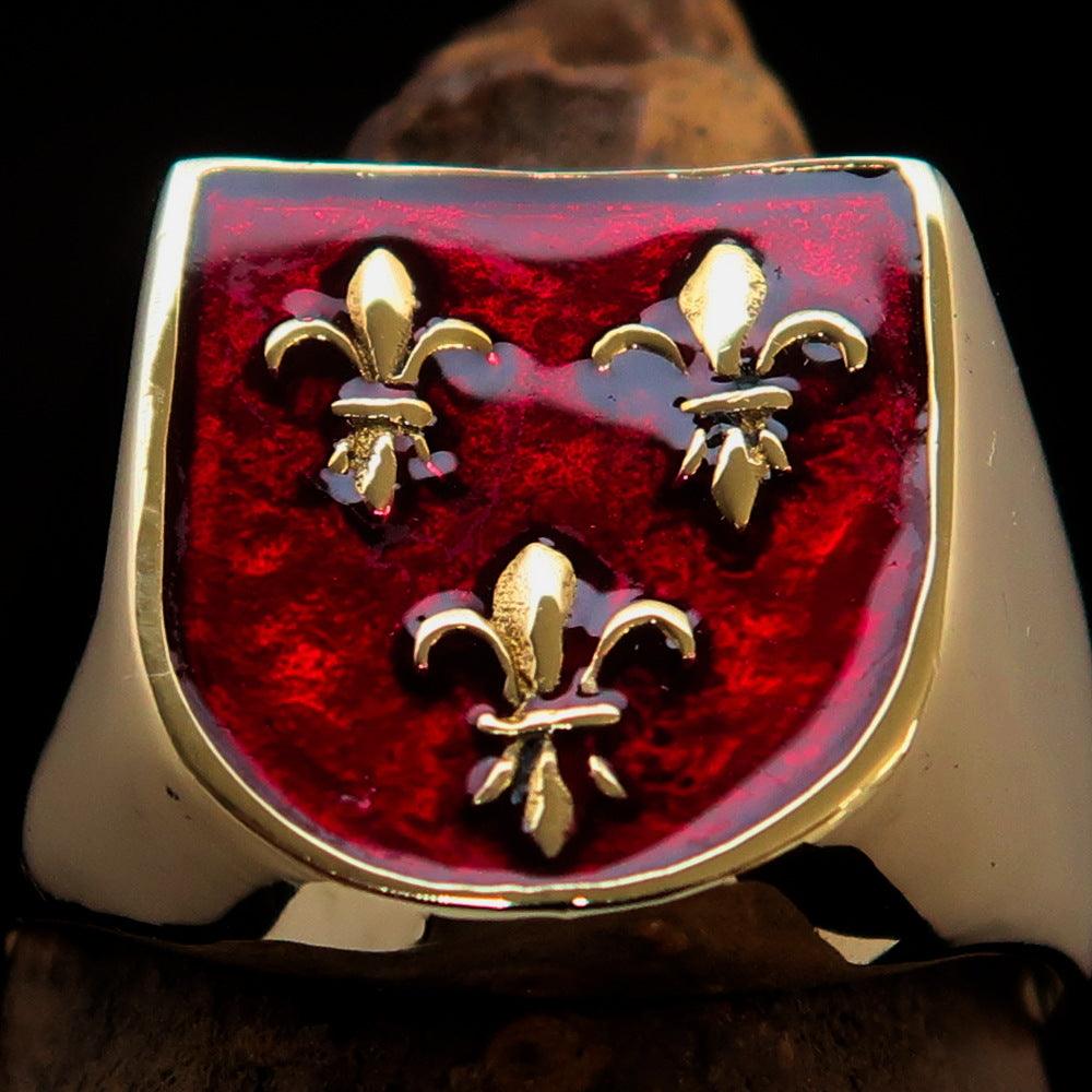 Men's red Fleur de Lis Coat of Arms Ring made of solid brass with high polish and enamel finish, showcasing intricate design.