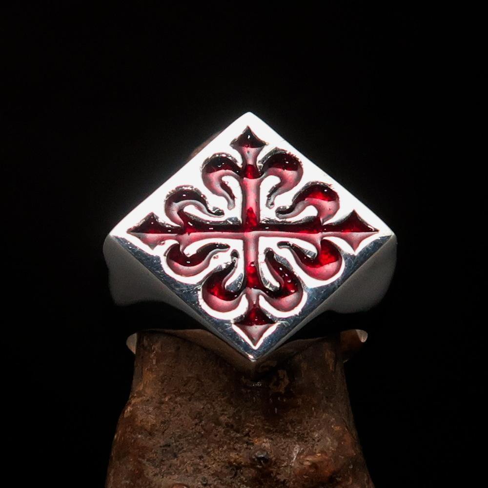 Men's Red Fleur de Lis Cross Ring made of high-polished sterling silver with red enamel, showcasing intricate design and craftsmanship.