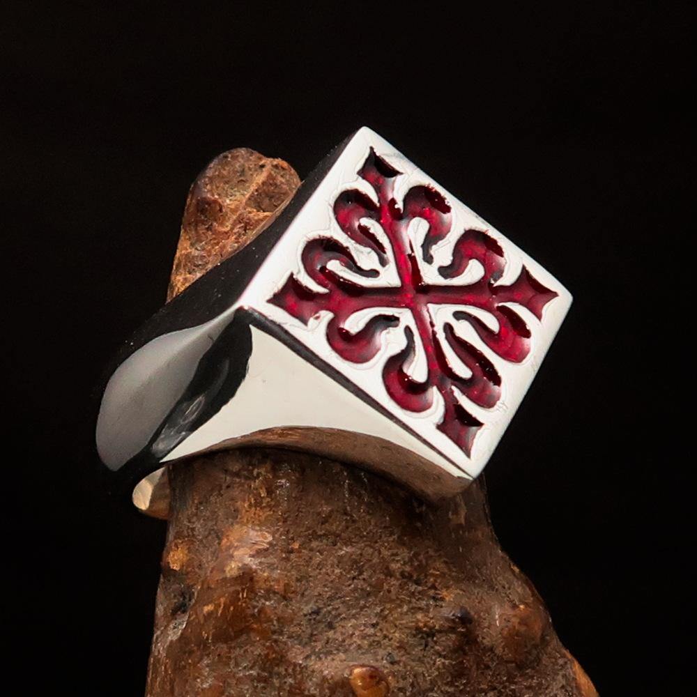 Men's Red Fleur de Lis Cross Ring made of high-polished sterling silver with red enamel, showcasing intricate design and craftsmanship.