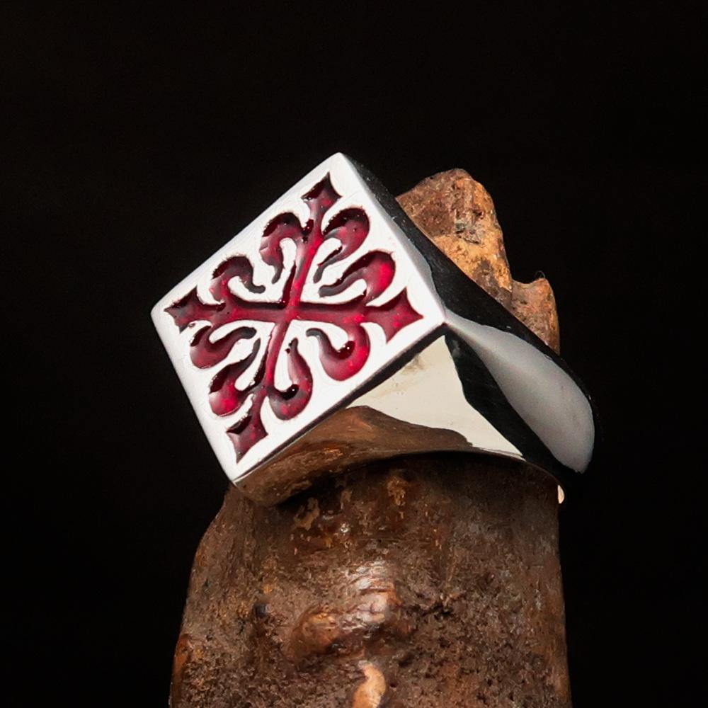 Men's Red Fleur de Lis Cross Ring made of high-polished sterling silver with red enamel, showcasing intricate design and craftsmanship.