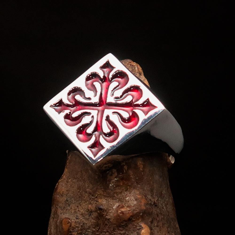 Men's Red Fleur de Lis Cross Ring made of high-polished sterling silver with red enamel, showcasing intricate design and craftsmanship.