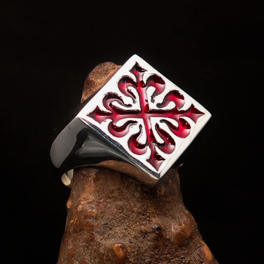 Men's Red Fleur de Lis Cross Ring made of high-polished sterling silver with red enamel, showcasing intricate design and craftsmanship.