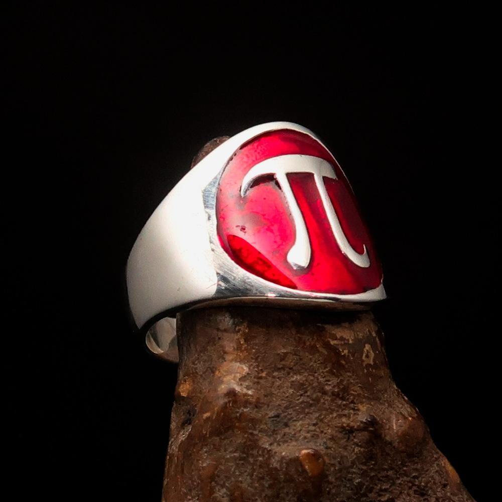 Men's red Greek Letter PI Ring made of high-polished sterling silver with red enamel finish, showcasing its elegant design.