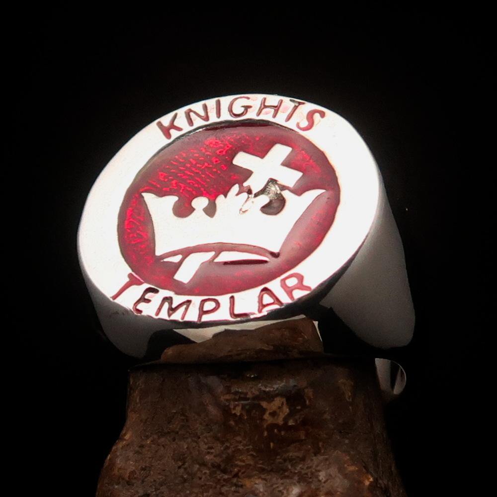 Men's Red Knights Templar Ring made of solid sterling silver with red enamel, featuring a cross and crown design, hallmarked 925.