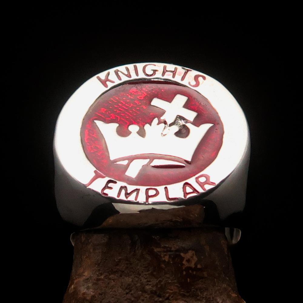 Men's Red Knights Templar Ring made of solid sterling silver with red enamel, featuring a cross and crown design, hallmarked 925.