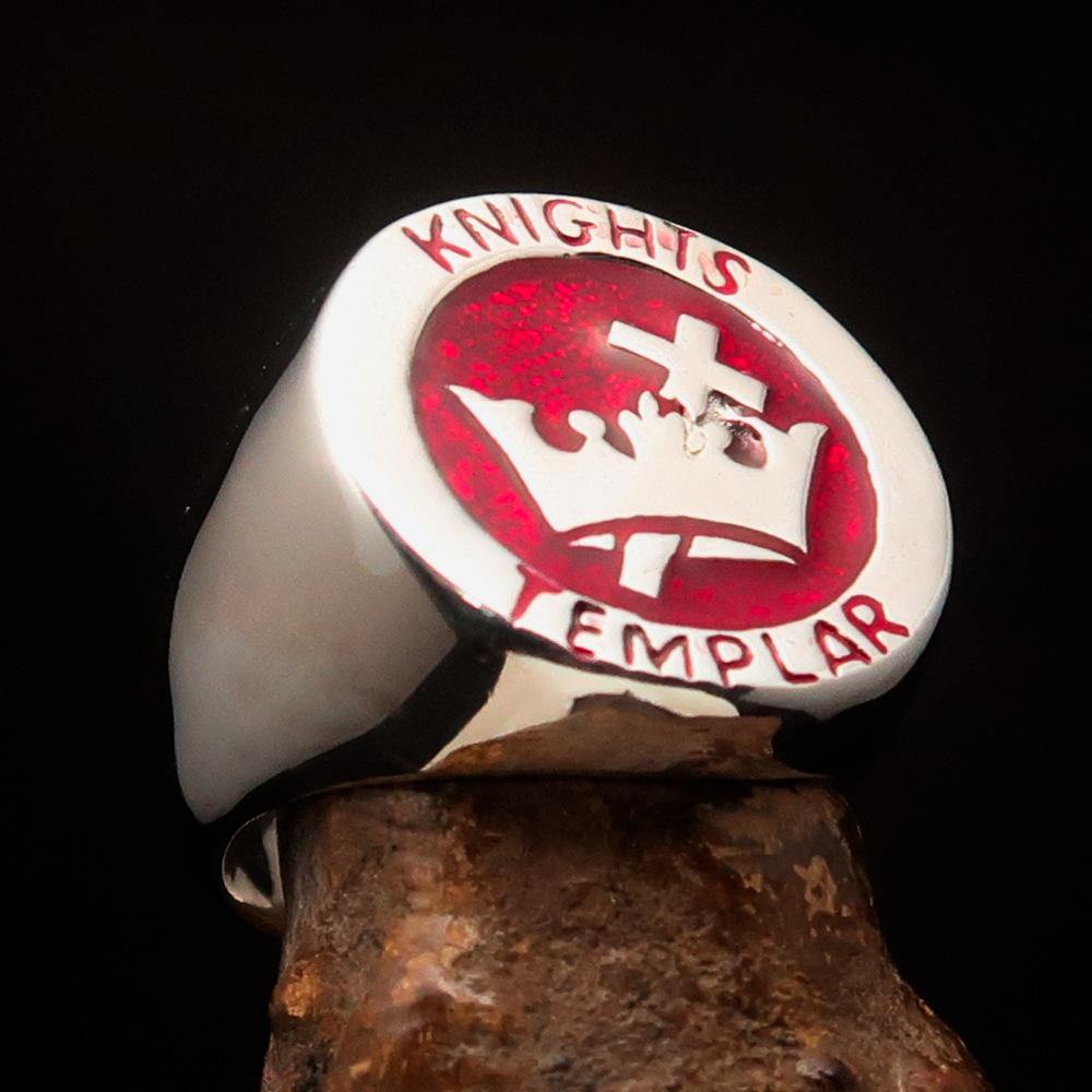 Men's Red Knights Templar Ring made of solid sterling silver with red enamel, featuring a cross and crown design, hallmarked 925.