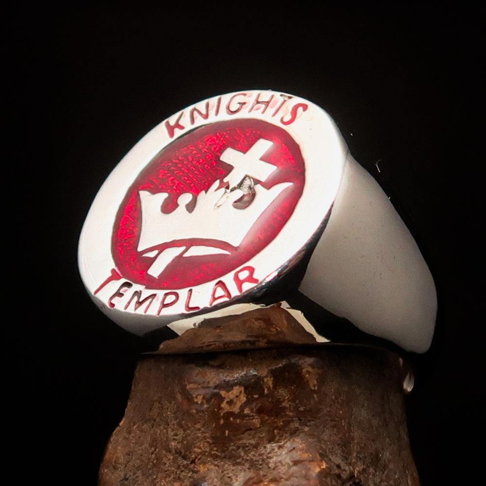 Men's Red Knights Templar Ring made of solid sterling silver with red enamel, featuring a cross and crown design, hallmarked 925.