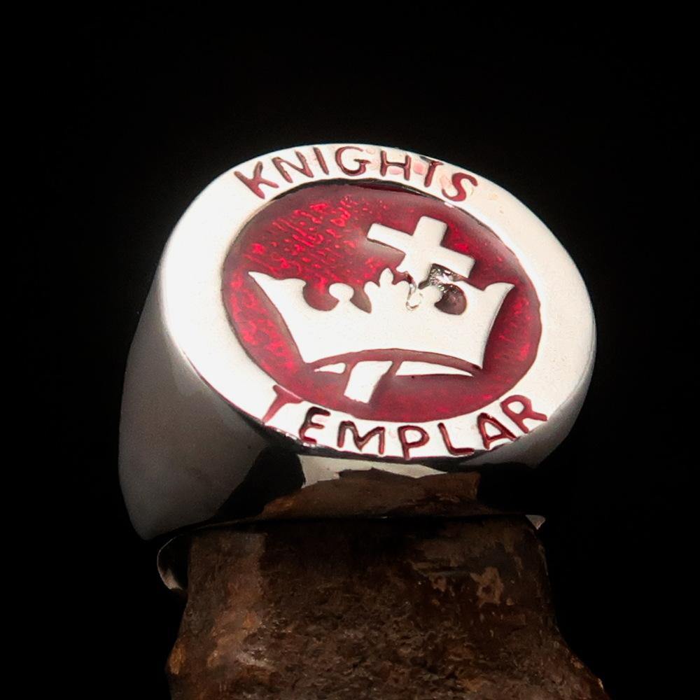 Men's Red Knights Templar Ring made of solid sterling silver with red enamel, featuring a cross and crown design, hallmarked 925.