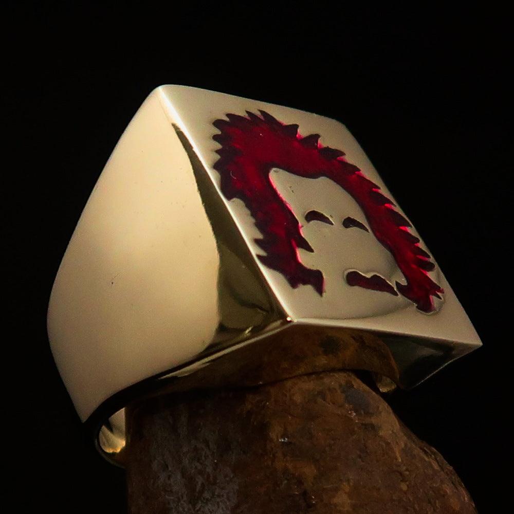 Men's red Man with Beard Pinky Ring made of solid brass with high polish and enamel finish, showcasing intricate design.