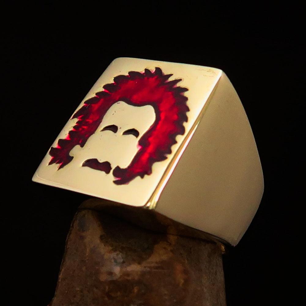 Men's red Man with Beard Pinky Ring made of solid brass with high polish and enamel finish, showcasing intricate design.