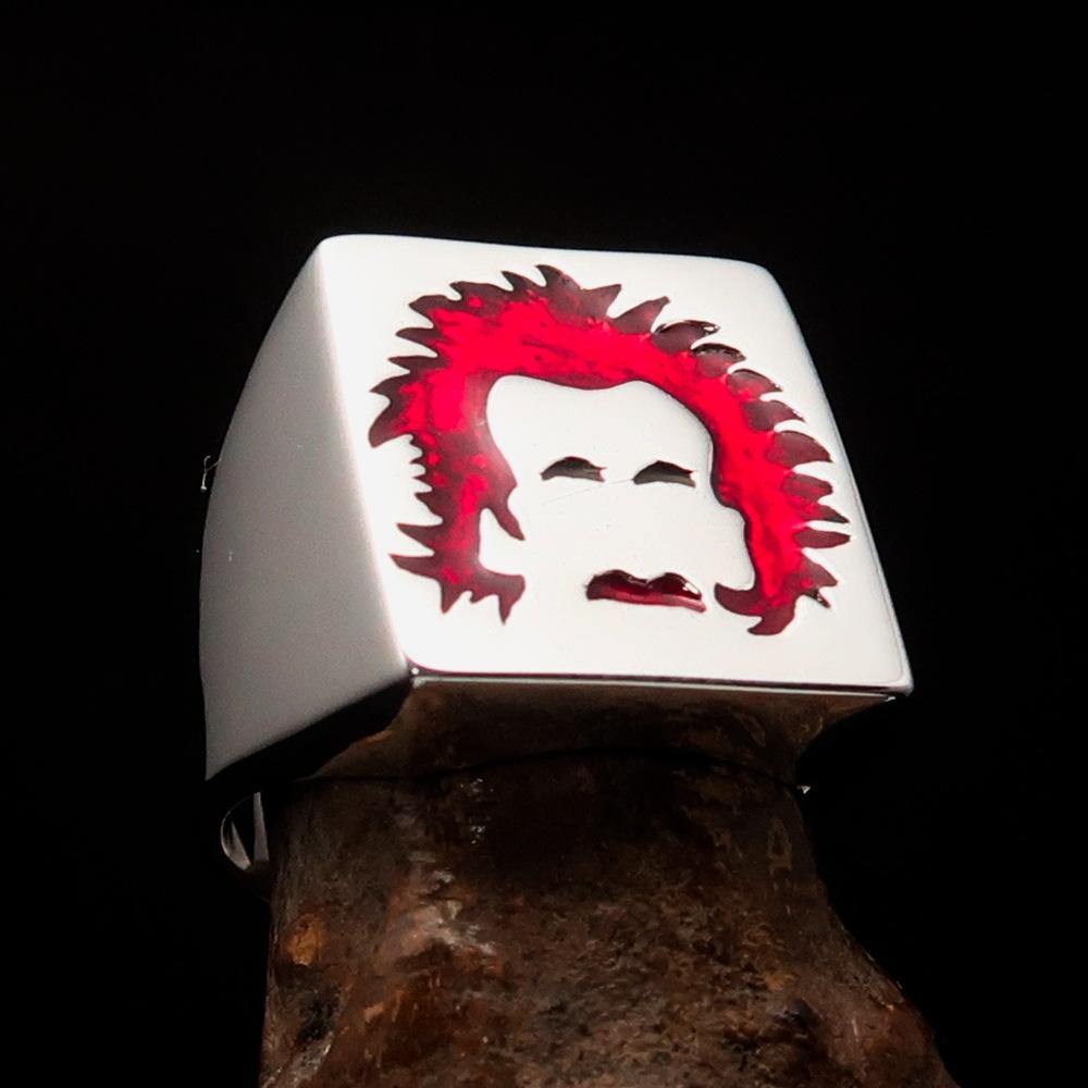 Men's red Man with Beard Ring made of high polished sterling silver with enamel detailing, showcasing a unique design.