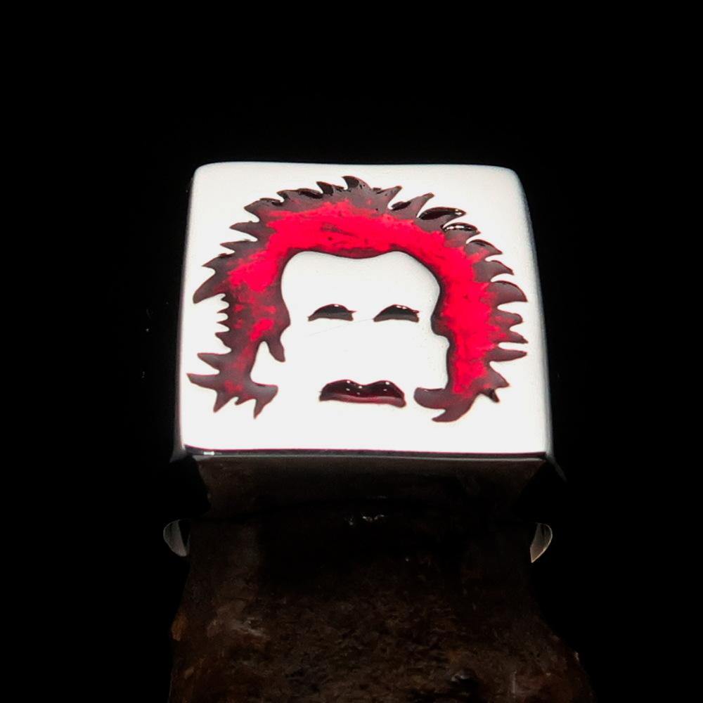 Men's red Man with Beard Ring made of high polished sterling silver with enamel detailing, showcasing a unique design.