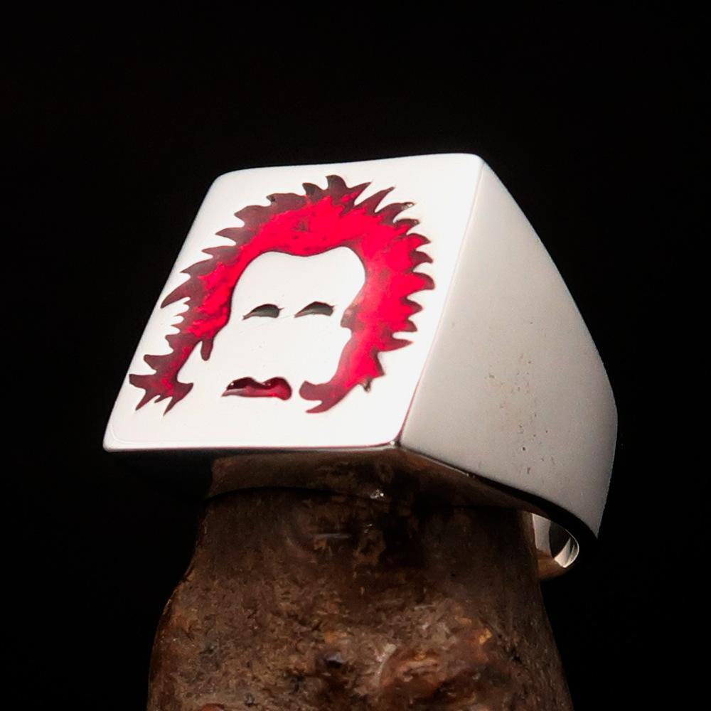 Men's red Man with Beard Ring made of high polished sterling silver with enamel detailing, showcasing a unique design.