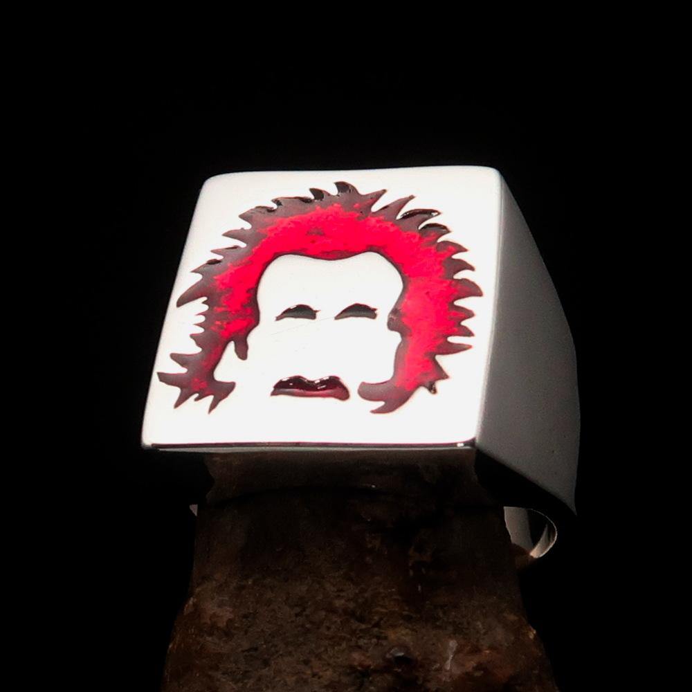 Men's red Man with Beard Ring made of high polished sterling silver with enamel detailing, showcasing a unique design.