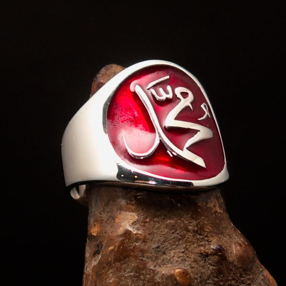 Men's red Muhammad Muslim Ring made of high polished sterling silver with enamel finish, showcasing intricate design and hallmarked 925.