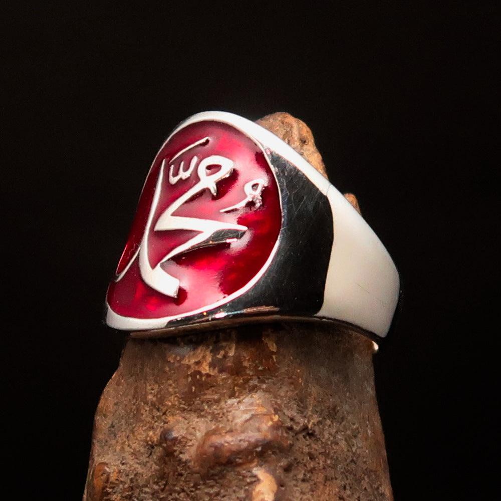 Men's red Muhammad Muslim Ring made of high polished sterling silver with enamel finish, showcasing intricate design and hallmarked 925.