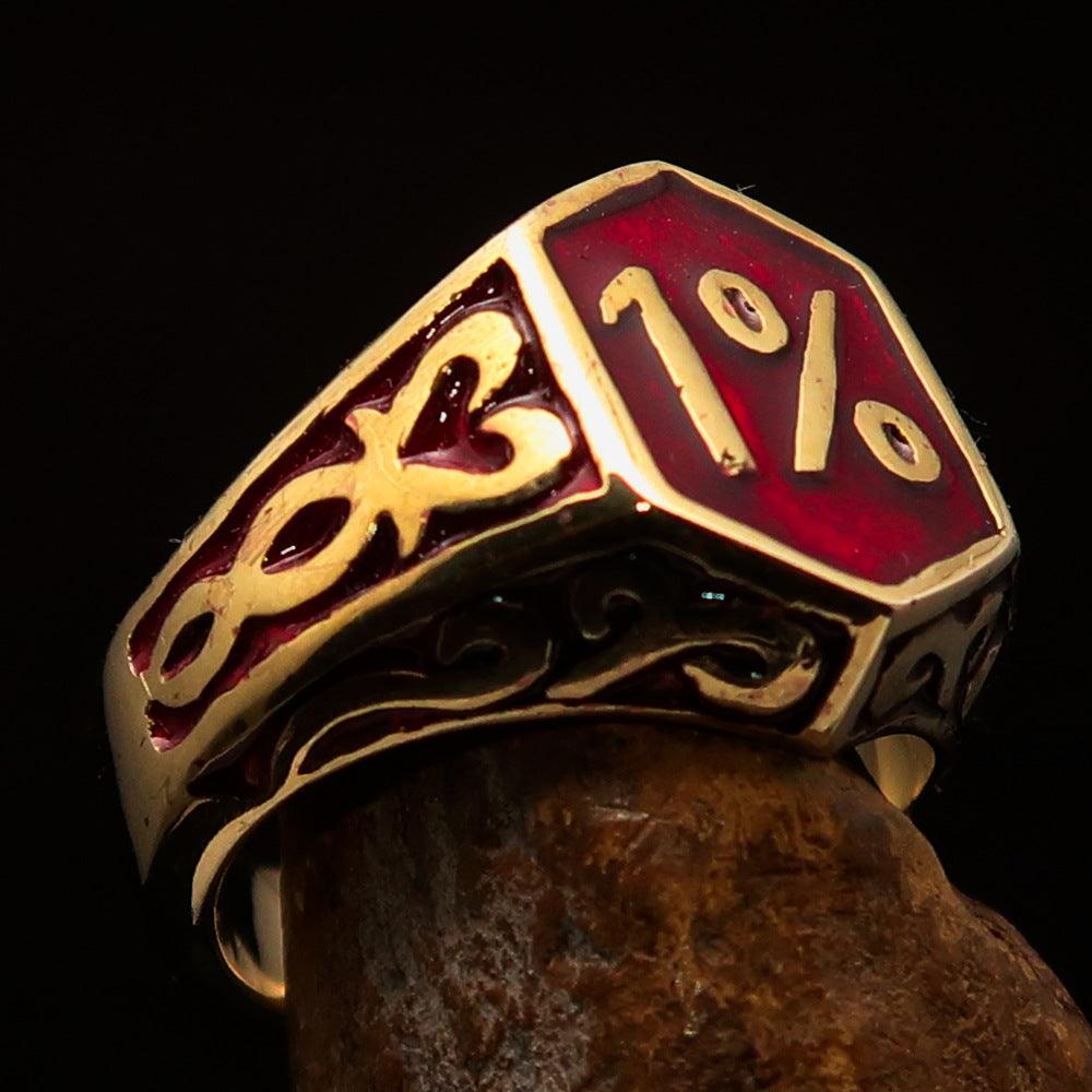 Men's Red Outlaw Biker Ring 1% made of solid brass with high polish and red enamel finish, showcasing its unique design and craftsmanship.